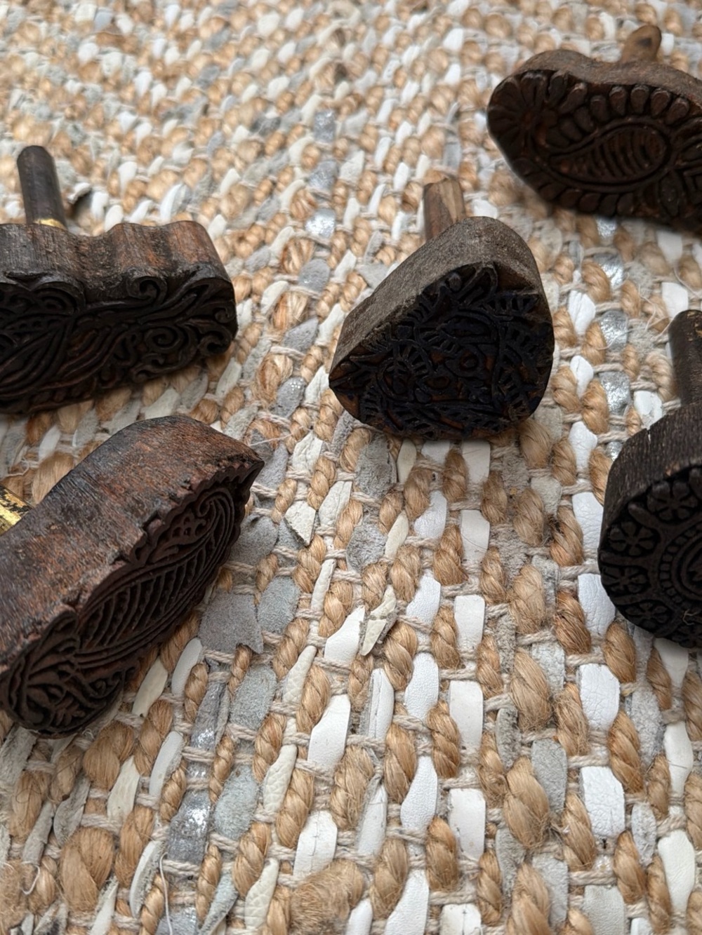 Vintage Carved Wooden Textile Printing Blocks - Set of 6